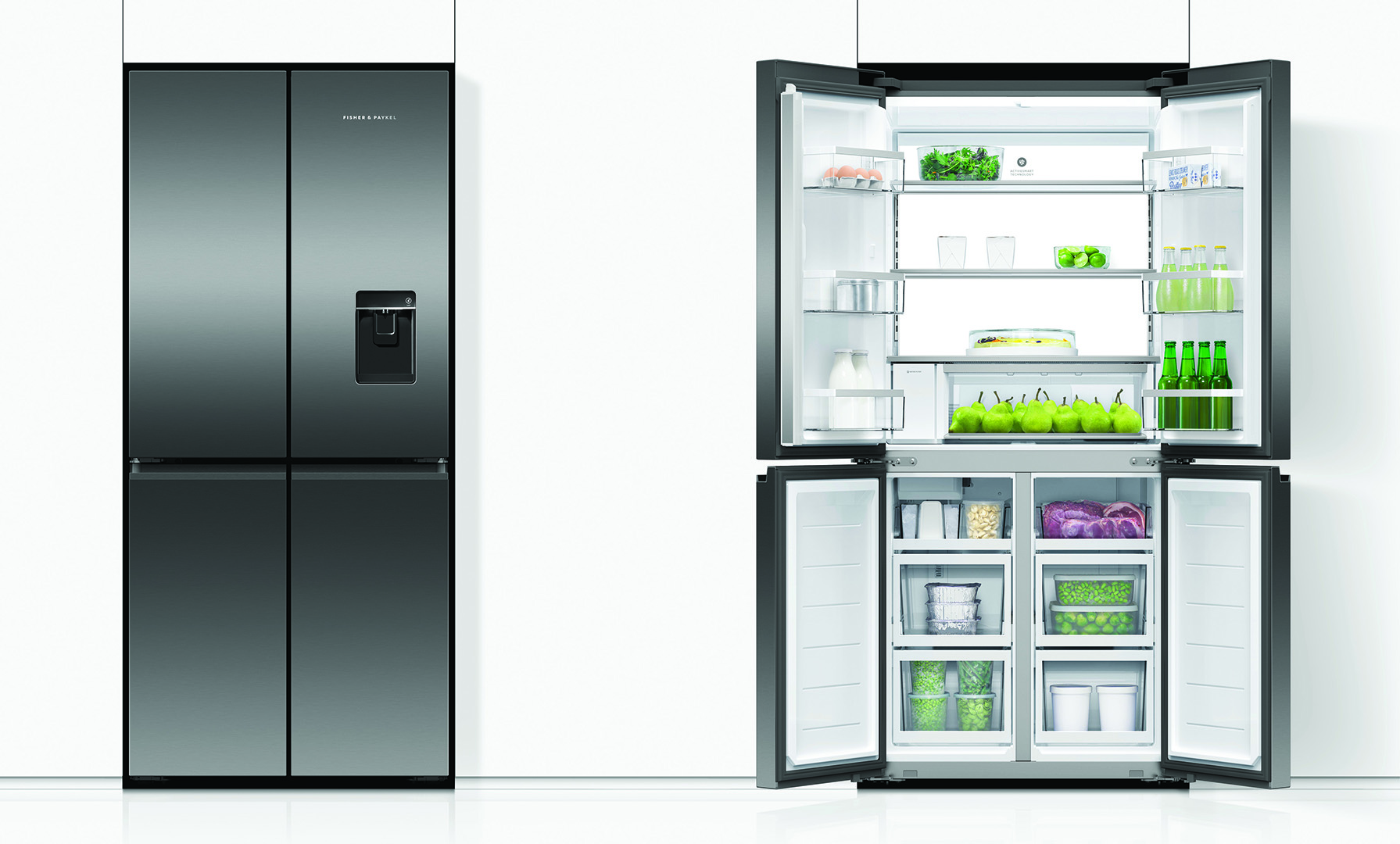 FISHER & PAYKEL FREESTANDING QUAD DOOR REFRIGERATOR FREEZER, 79CM, 498L