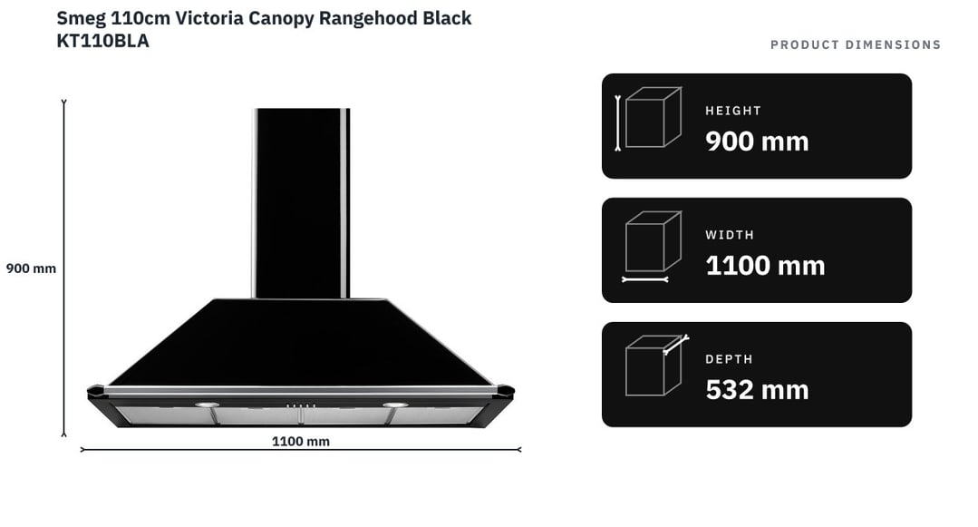 Smeg 110cm Victoria Canopy Rangehood Black KT110BLA — product dimensions