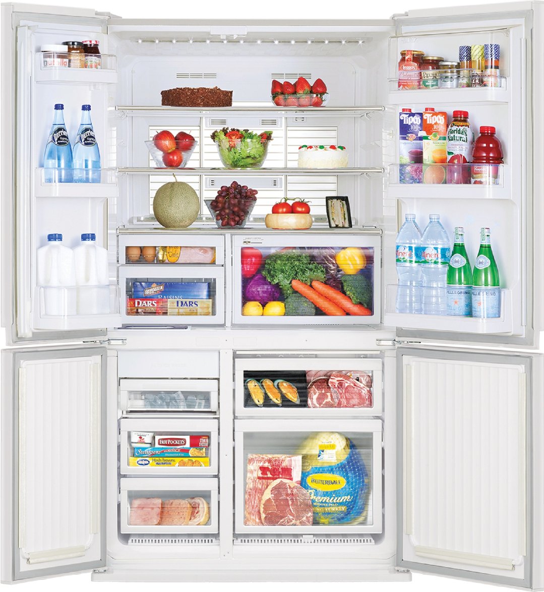 Open Mitsubishi Electric French Door Fridge filled with food and drinks