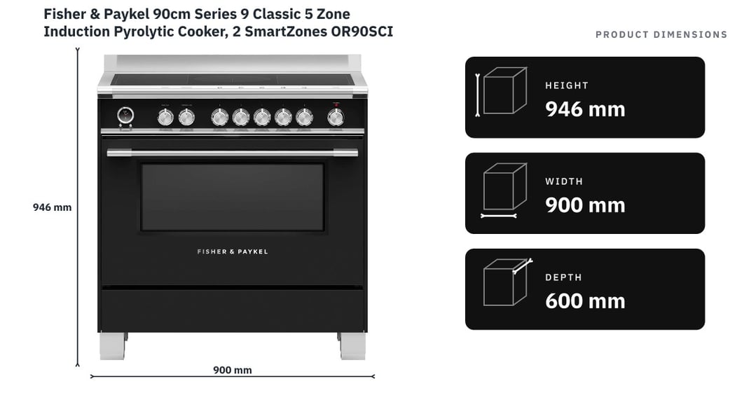 Fisher & Paykel 90cm Series 9 Classic 5 Zone Induction Pyrolytic Cooker, 2 SmartZones OR90SCI6B1 — product dimensions
