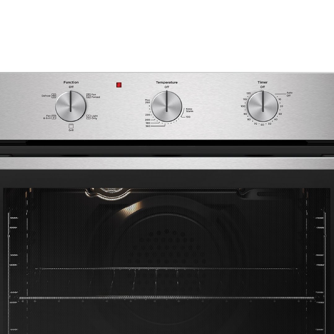 Close up of an oven's control panel and open interior with racks