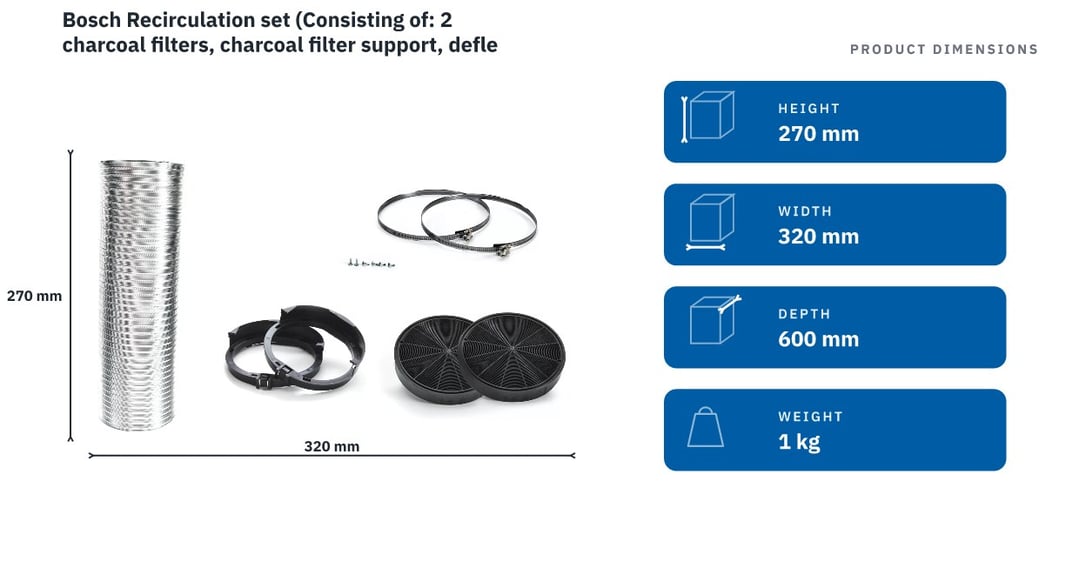 Bosch Recirculation set (Consisting of: 2 charcoal filters, charcoal filter support, deflector, flexible hose ø 150 mm and 1500 mm long, 2 clamps, mounting material) suits DHL575CAU / DHL785BAU / DHL895CAU / DHL895DAU DHZ5605 — product dimensions