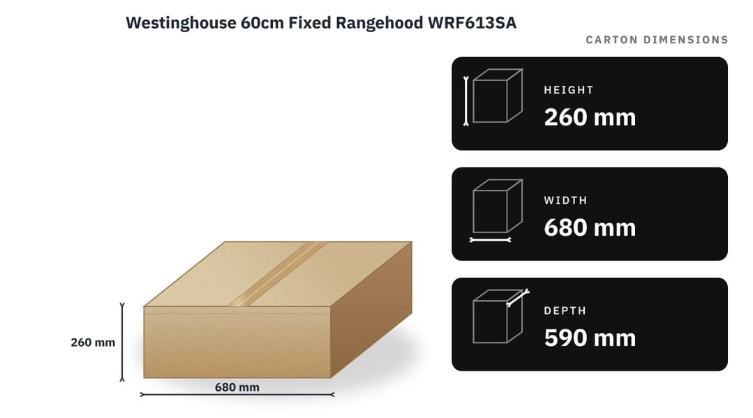 Westinghouse 60cm Fixed Rangehood WRF613SA — packaged dimensions
