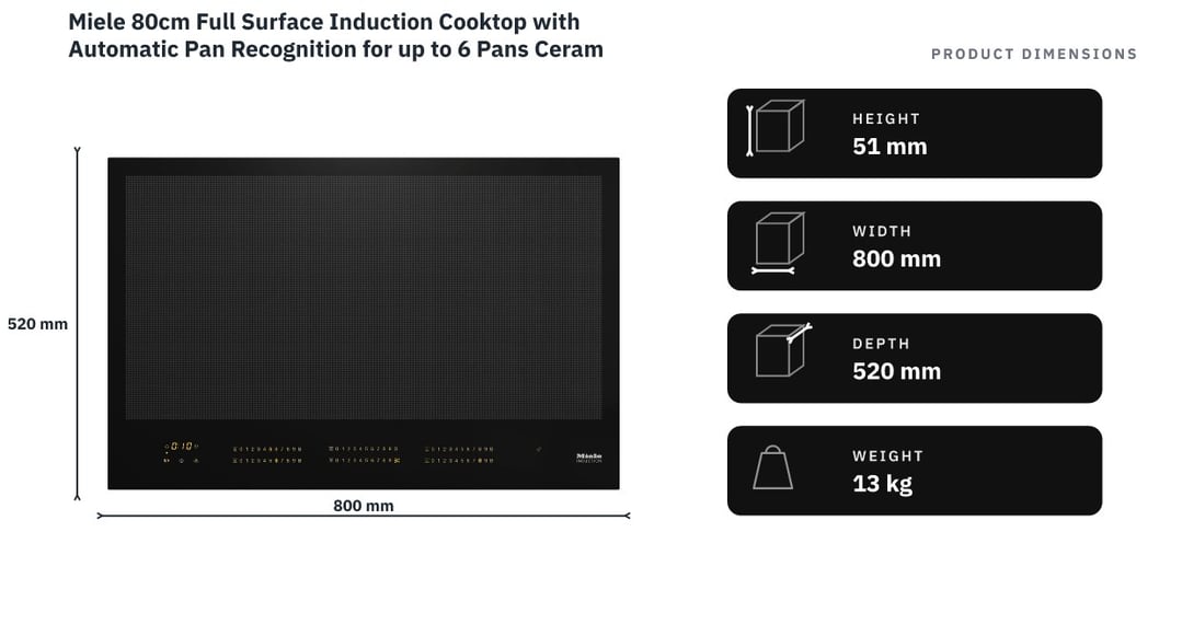 Miele 80cm Full Surface Induction Cooktop with Automatic Pan Recognition for up to 6 Pans Ceramic Glass KM7678-2FL — product dimensions