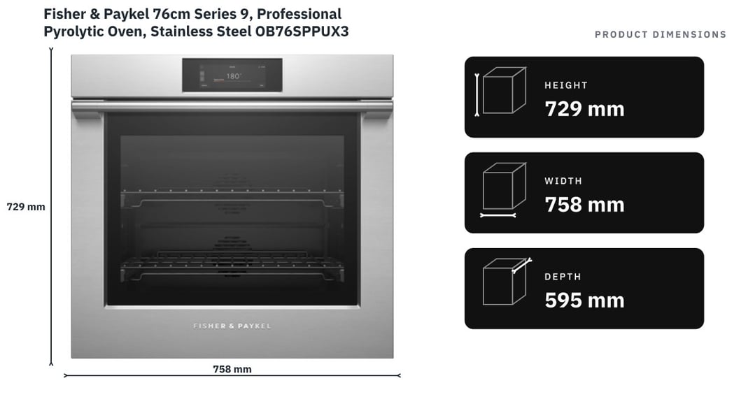 Fisher & Paykel 76cm Series 9, Professional Pyrolytic Oven, Stainless Steel OB76SPPUX3 — product dimensions