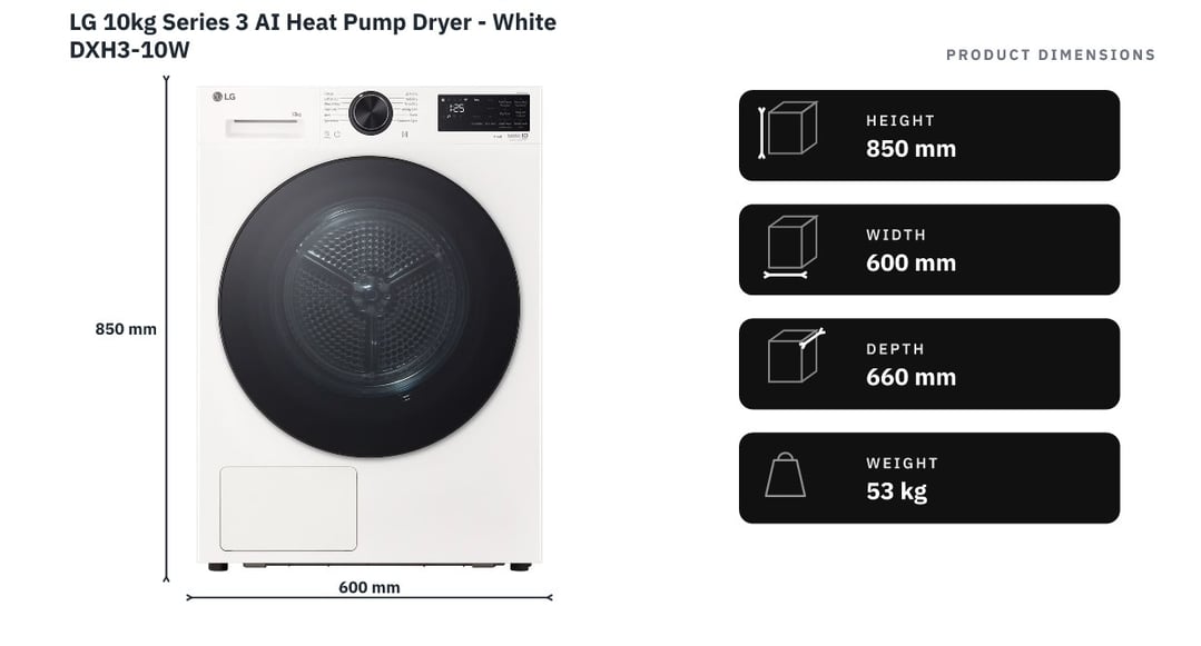 LG 10kg Series 3 AI Heat Pump Dryer - White DXH3-10W — product dimensions