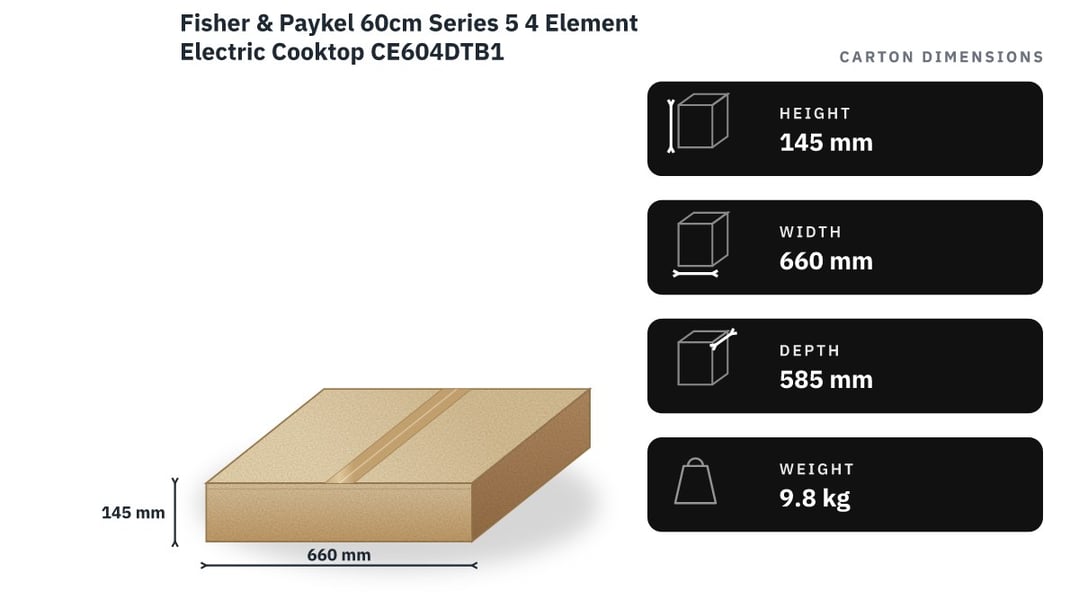 Fisher & Paykel 60cm Series 5 4 Element Electric Cooktop CE604DTB1 — packaged dimensions