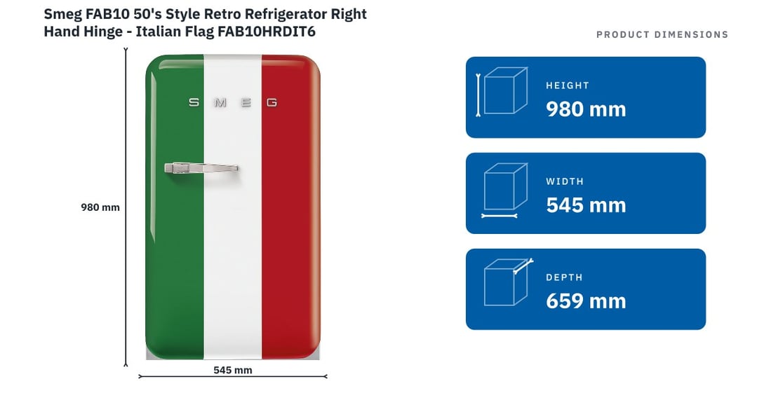 Smeg FAB10 50's Style Retro Refrigerator Right Hand Hinge - Italian Flag FAB10HRDIT6
