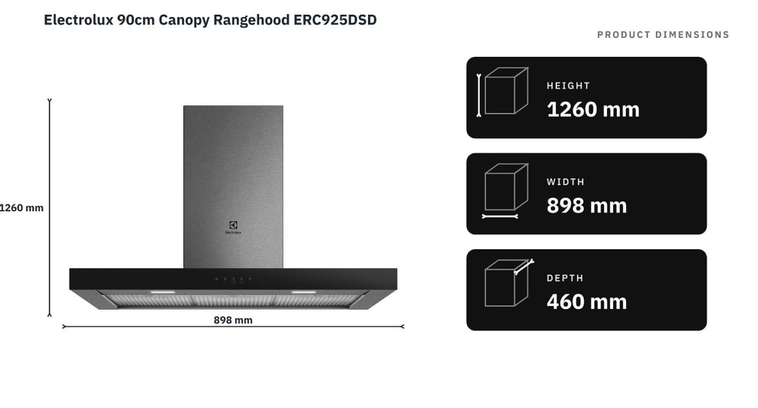 Electrolux 90cm Canopy Rangehood ERC925DSD — product dimensions