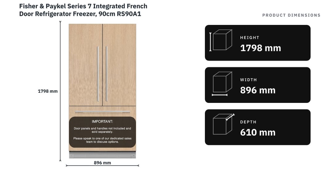 Fisher & Paykel Series 7 Integrated French Door Refrigerator Freezer, 90cm RS90A1 — product dimensions