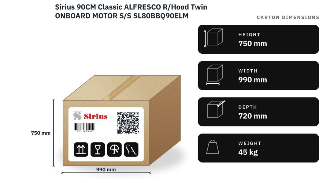 Sirius 90CM Classic ALFRESCO R/Hood Twin ONBOARD MOTOR S/S SL80BBQ90ELM — packaged dimensions
