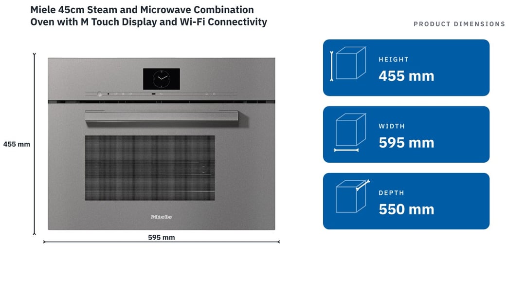 Miele 45cm Steam and Microwave Combination Oven with M Touch Display and Wi-Fi Connectivity Graphite Grey DGM7640GRGR — product dimensions