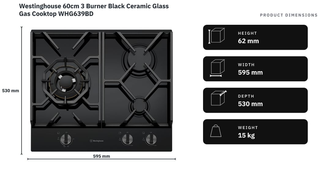 Westinghouse 60cm 3 Burner Black Ceramic Glass Gas Cooktop WHG639BD — product dimensions