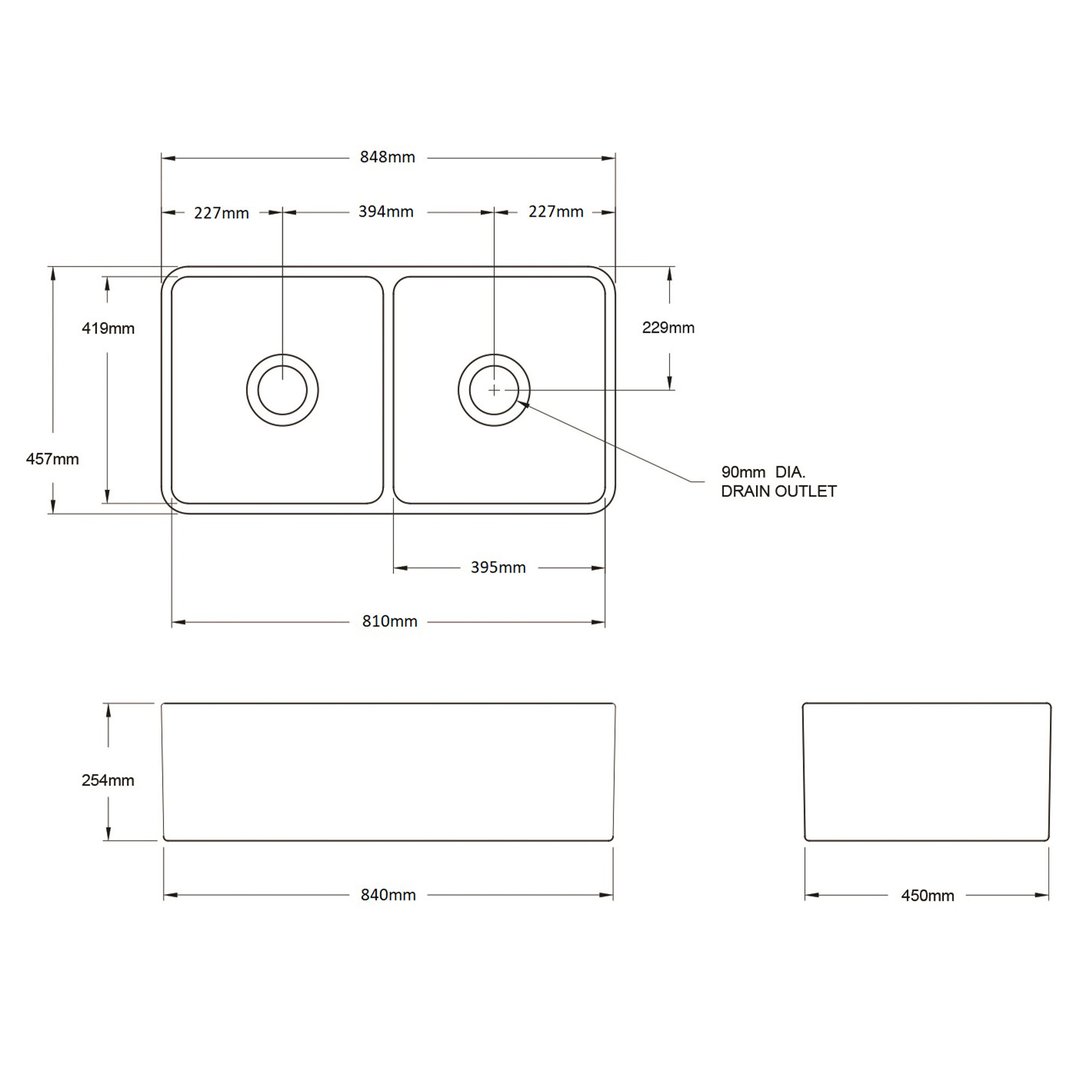 Turner Hastings Novi 85x46 Double Bowl Fireclay Butler Sink - Gloss White NO85FS