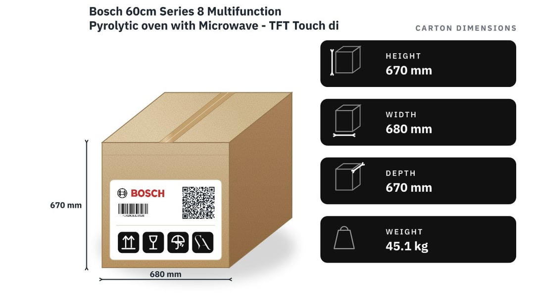 Bosch 60cm Series 8 Multifunction Pyrolytic oven with Microwave - TFT Touch display Plus HMG7761B1A — packaged dimensions