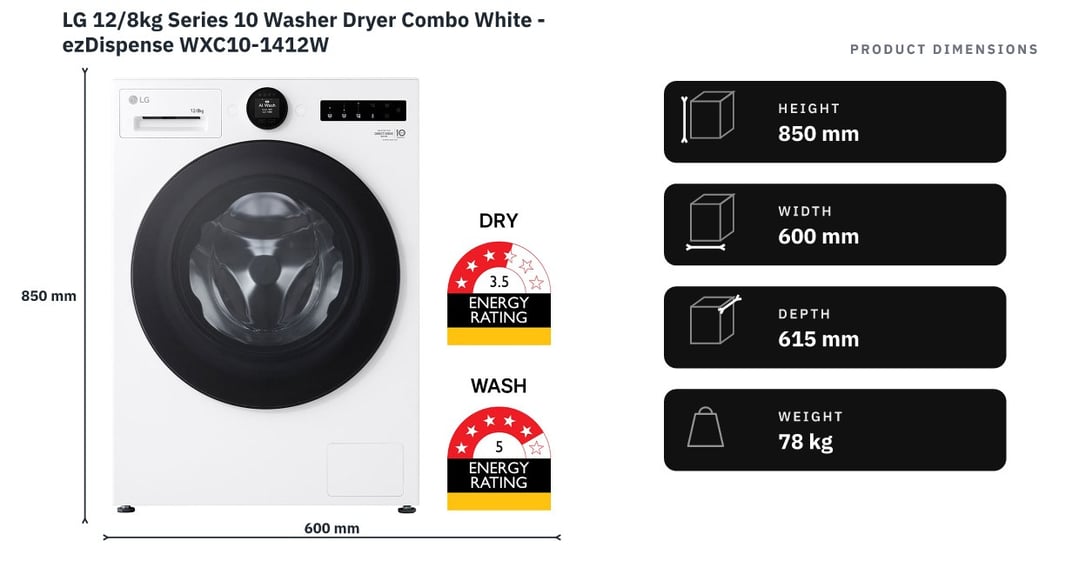LG 12/8kg Series 10 Washer Dryer Combo White - ezDispense WXC10-1412W — product dimensions