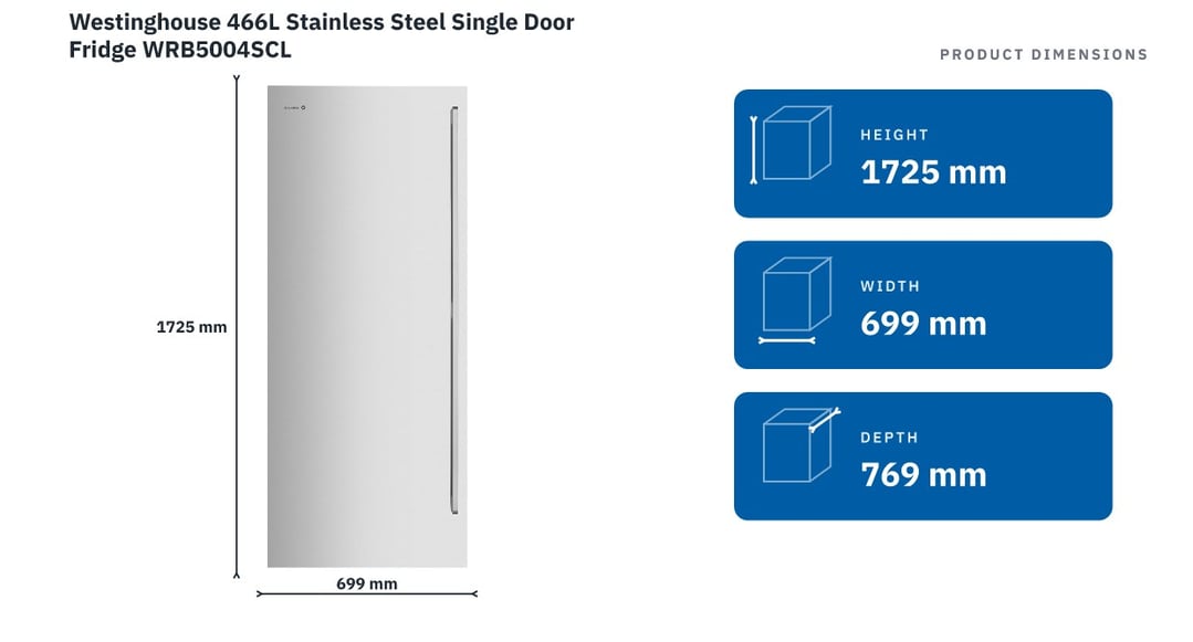 Westinghouse 466L Stainless Steel Single Door Fridge WRB5004SCL — product dimensions