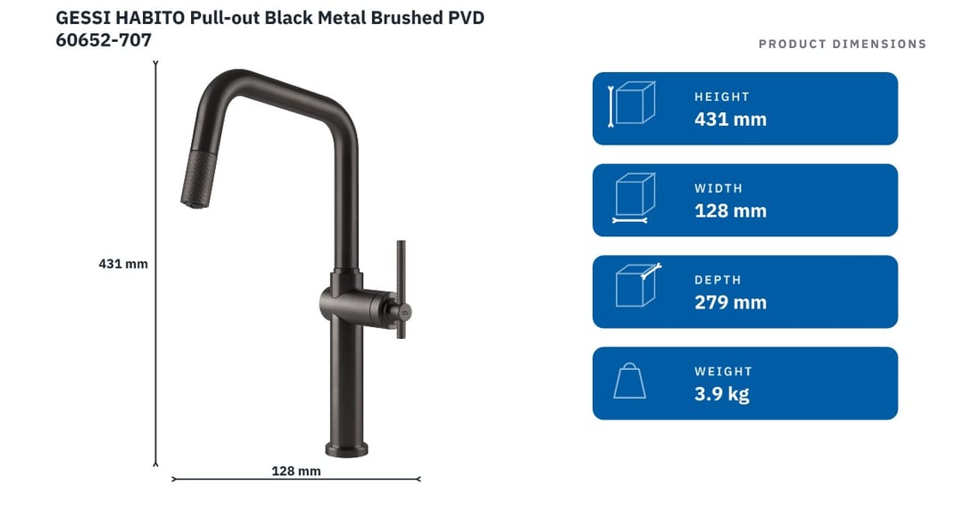 GESSI HABITO Pull-out Black Metal Brushed PVD 60652-707 — product dimensions