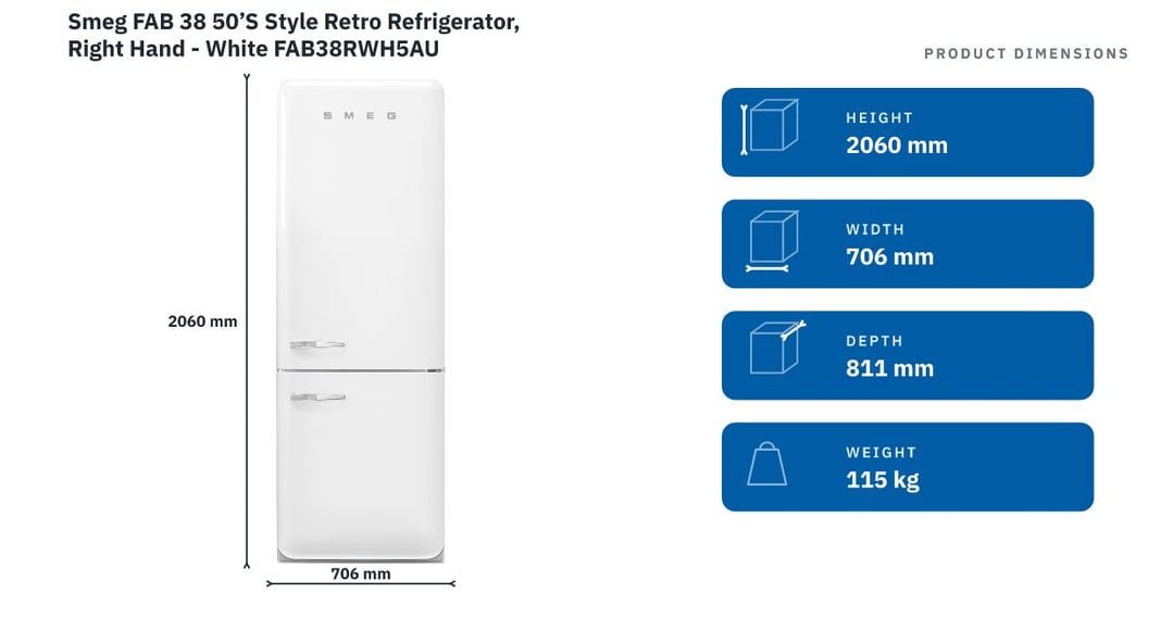 Smeg FAB 38 50’S Style Retro Refrigerator, Right Hand - White FAB38RWH5AU