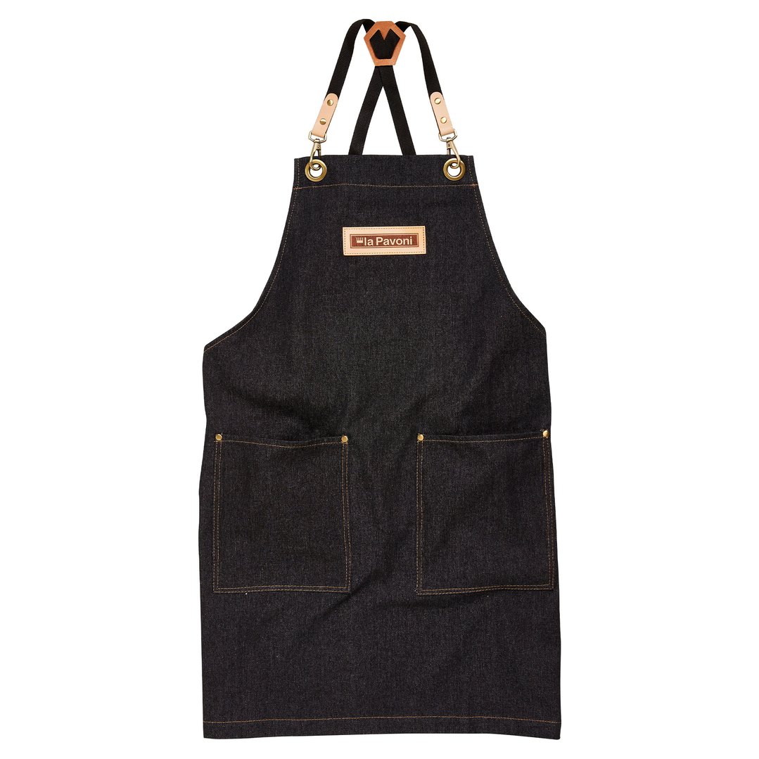 La Pavoni Black denim apron with leather embossed logo LPAPRON
