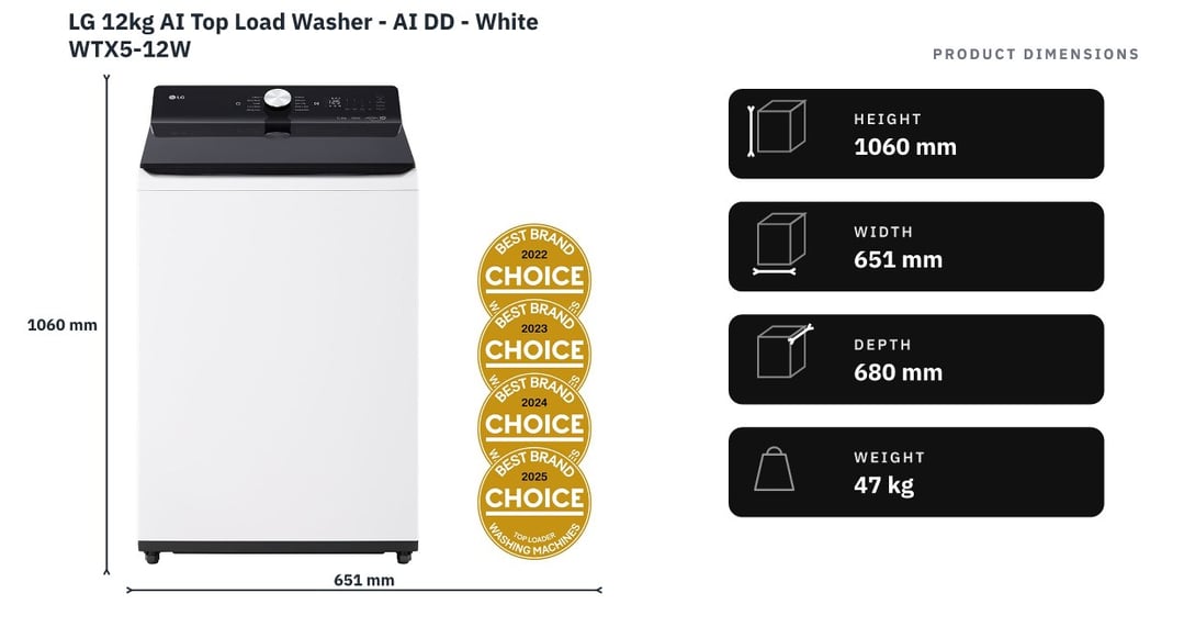 LG 12kg AI Top Load Washer - AI DD - White WTX5-12W — product dimensions