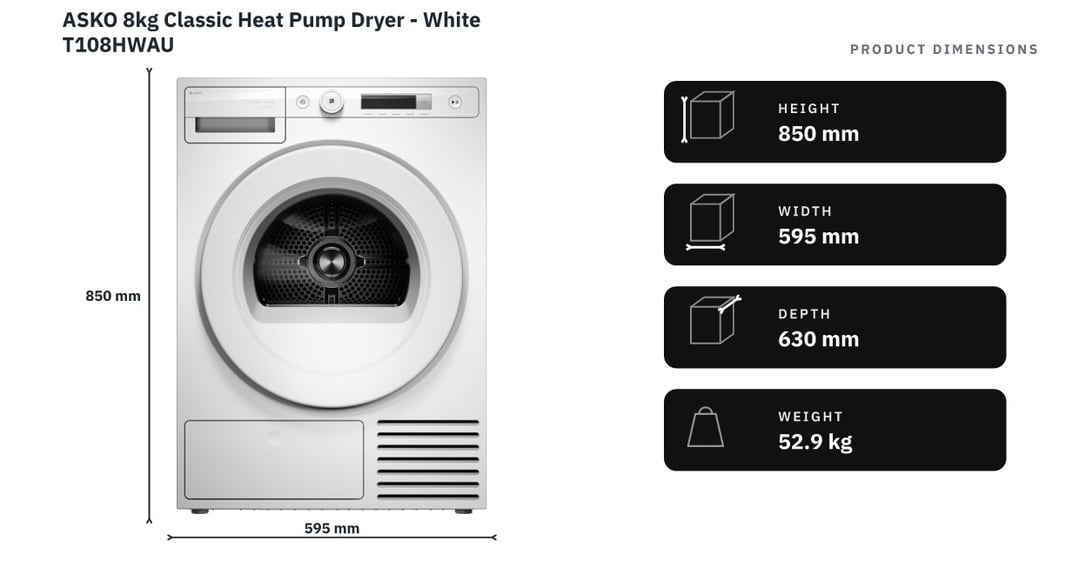 ASKO 8kg Classic Heat Pump Dryer - White T108HWAU — product dimensions