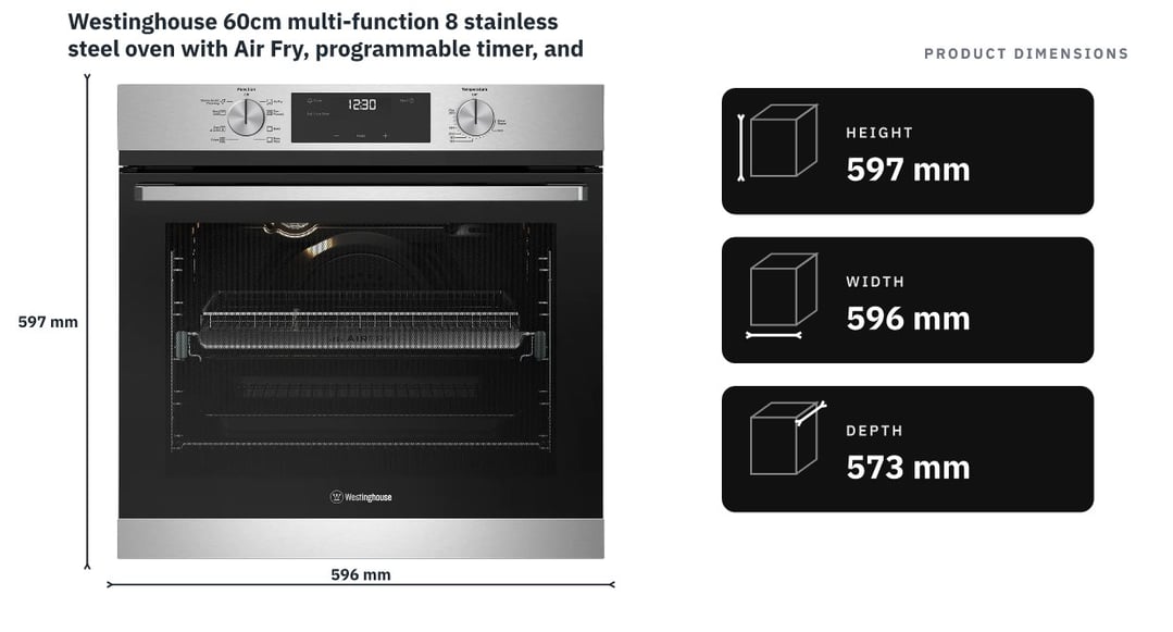 Westinghouse 60cm multi-function 8 stainless steel oven with Air Fry, programmable timer, and 80L WVE6516SD — product dimensions