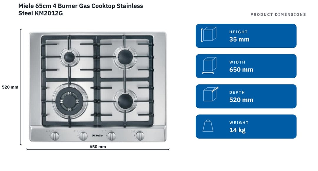 Miele 65cm 4 Burner Gas Cooktop Stainless Steel KM2012G — product dimensions
