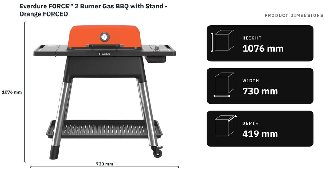 Everdure FORCE™ 2 Burner Gas BBQ with Stand - Orange FORCEO — product dimensions