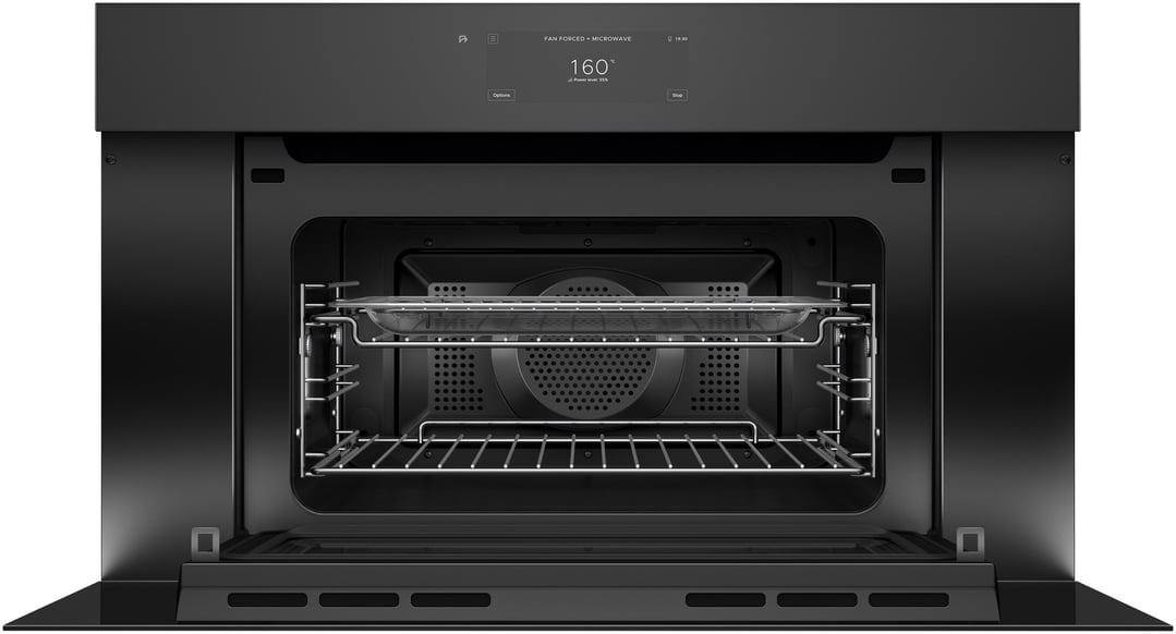 Fisher & Paykel 76cm Series 9, Minimal Handleless Compact Combi-Microwave Oven, Black Glass OM76NMUNB3