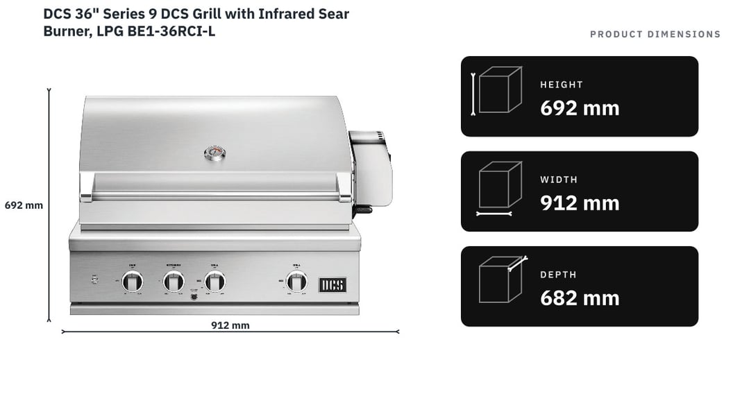 DCS 36" Series 9 DCS Grill with Infrared Sear Burner, LPG BE1-36RCI-L — product dimensions
