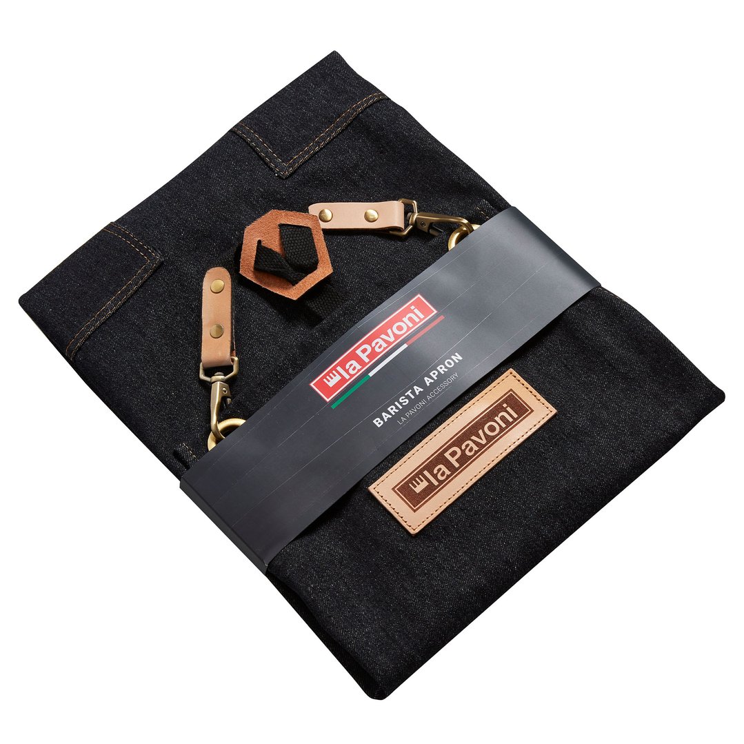 La Pavoni Black denim apron with leather embossed logo LPAPRON