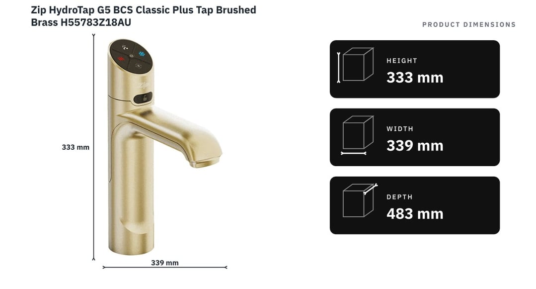 Zip HydroTap G5 BCS Classic Plus Tap Brushed Brass H55783Z18AU — product dimensions