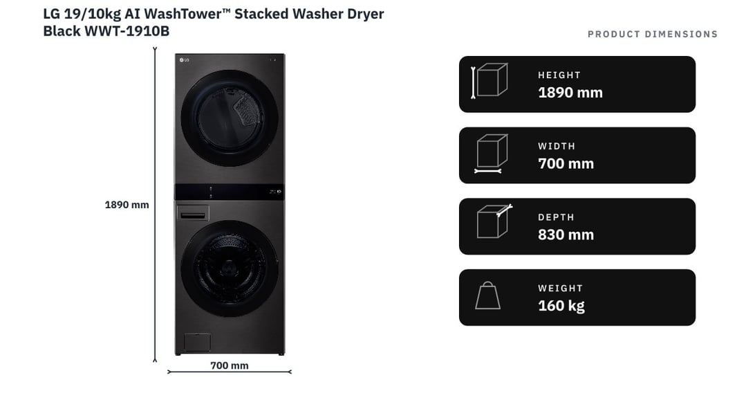 LG 19/10kg AI WashTower™ Stacked Washer Dryer Black WWT-1910B — product dimensions