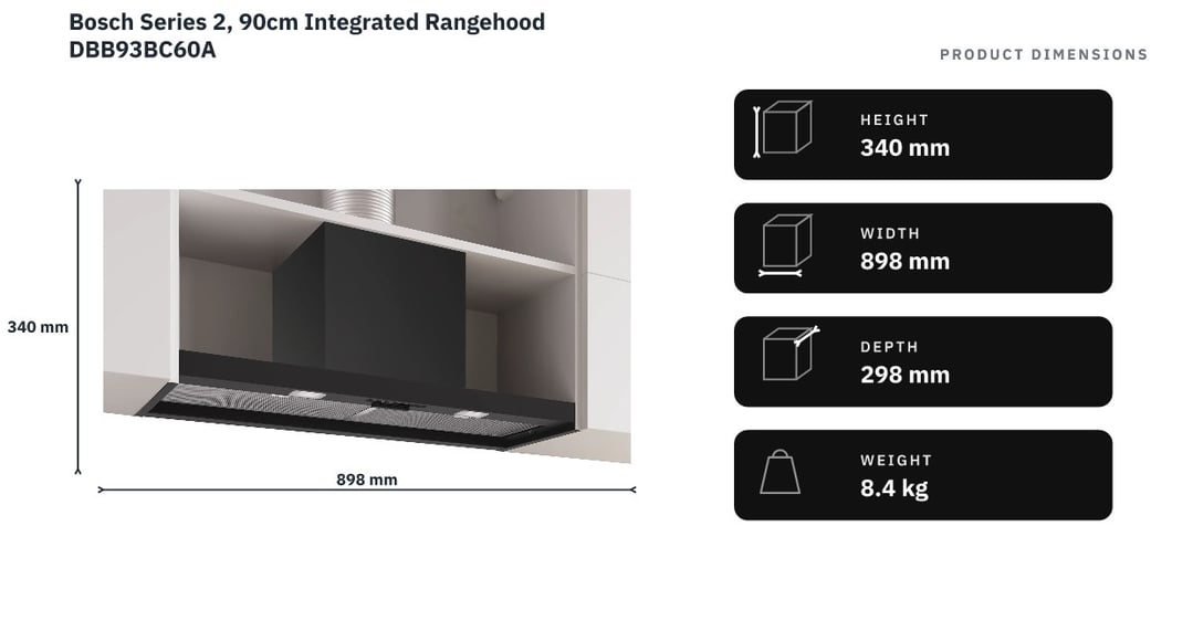 Bosch Series 2, 90cm Integrated Rangehood DBB93BC60A — product dimensions