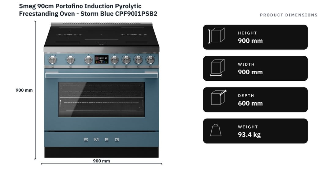Smeg 90cm Portofino Induction Pyrolytic Freestanding Oven - Storm Blue CPF90I1PSB2 — product dimensions