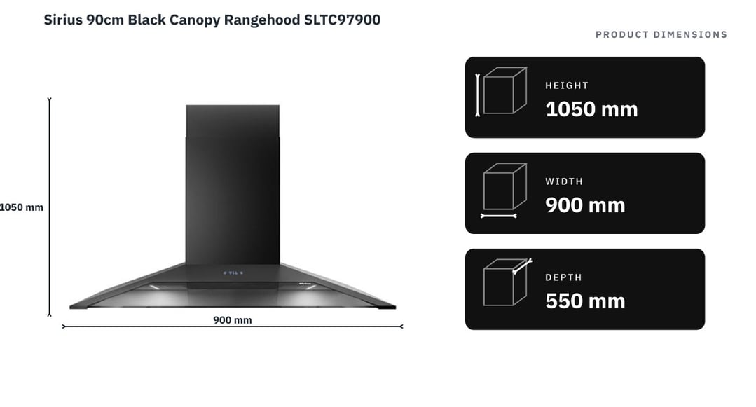 Sirius 90cm Black Canopy Rangehood SLTC97900 — product dimensions