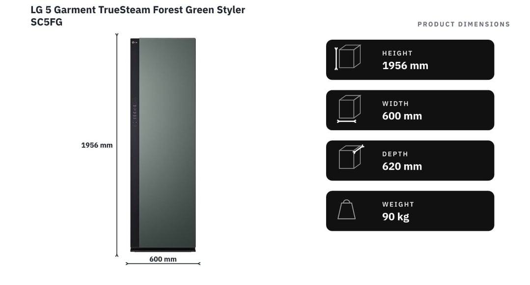 LG 5 Garment TrueSteam Forest Green Styler SC5FG — product dimensions