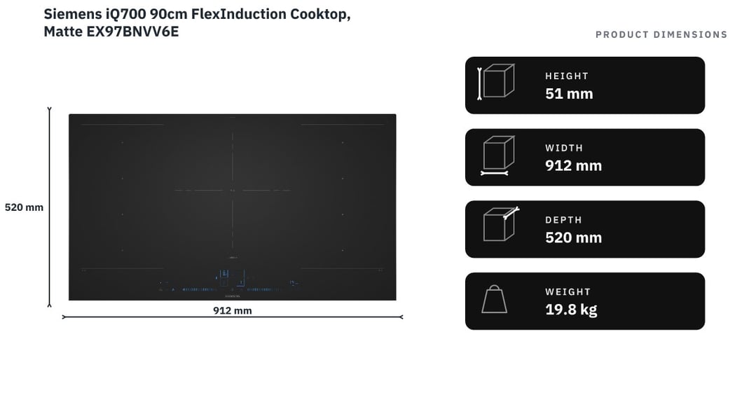 Siemens iQ700 90cm FlexInduction Cooktop, Matte EX97BNVV6E — product dimensions