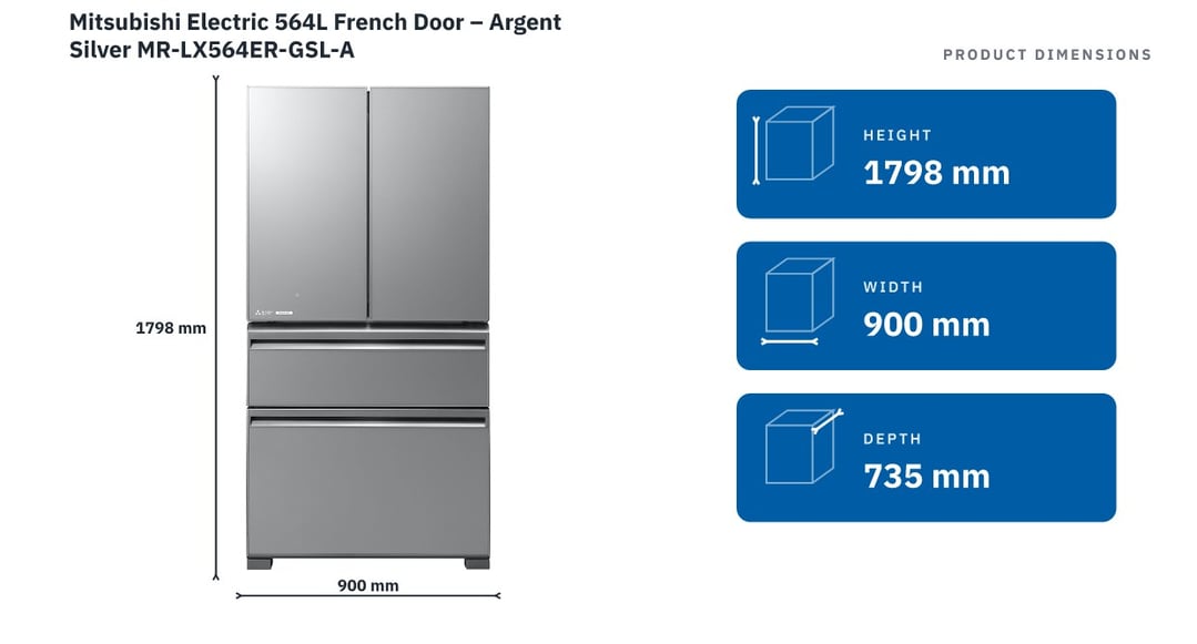 Mitsubishi Electric 564L French Door – Argent Silver MR-LX564ER-GSL-A — product dimensions