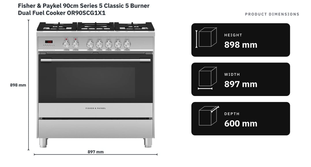 Fisher & Paykel 90cm Series 5 Classic 5 Burner Dual Fuel Cooker OR90SCG1X1 — product dimensions