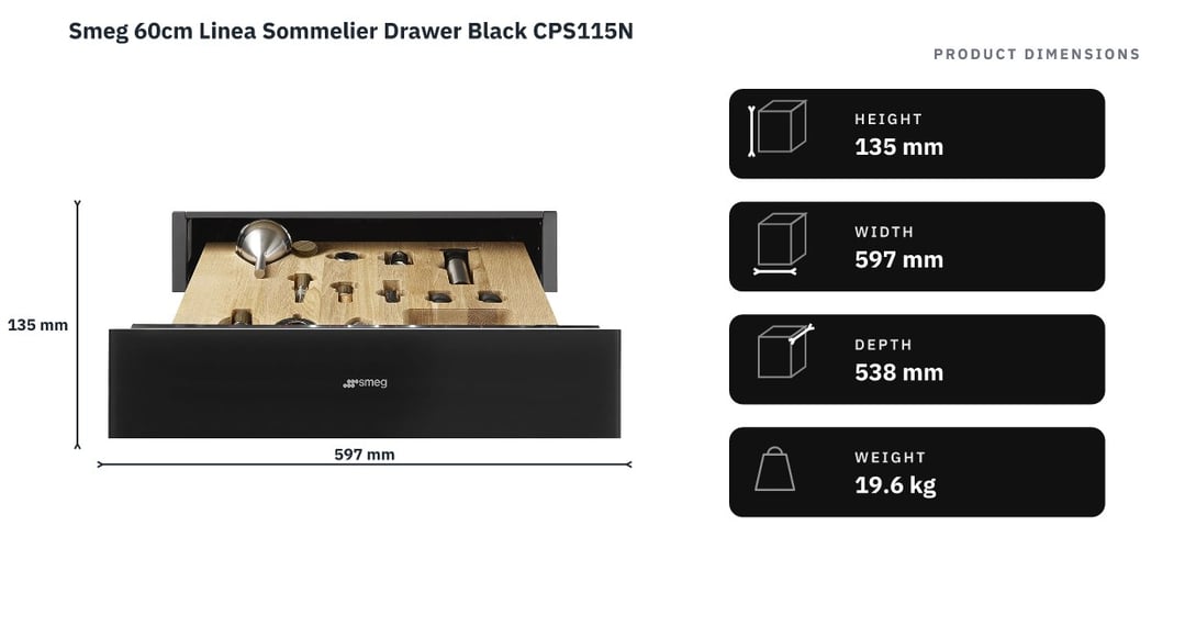 Smeg 60cm Linea Sommelier Drawer Black CPS115N — product dimensions
