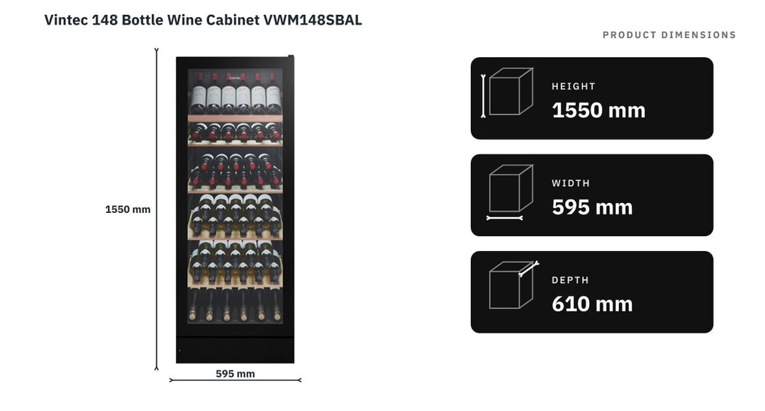 Vintec 148 Bottle Wine Cabinet VWM148SBAL — product dimensions