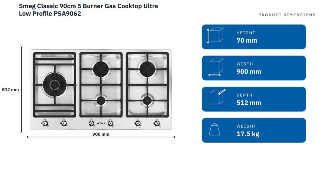 Smeg Classic 90cm 5 Burner Gas Cooktop Ultra Low Profile PSA9062