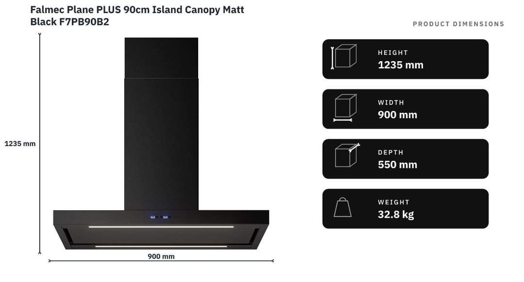 Falmec Plane PLUS 90cm Island Canopy Matt Black F7PB90B2 — product dimensions