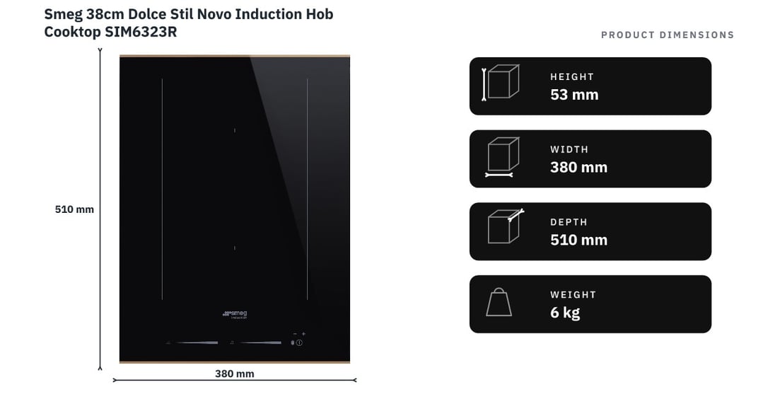 Smeg 38cm Dolce Stil Novo Induction Hob Cooktop SIM6323R — product dimensions
