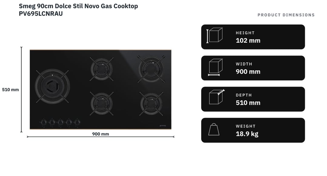 Smeg 90cm Dolce Stil Novo Gas Cooktop PV695LCNRAU — product dimensions
