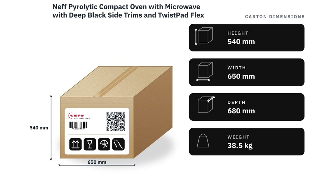 Neff Pyrolytic Compact Oven with Microwave with Deep Black Side Trims and TwistPad Flex / Handle C29MY7MY0-DB — packaged dimensions