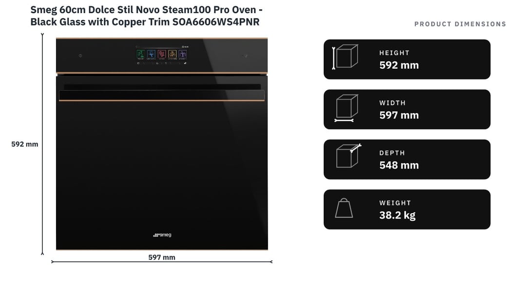 Smeg 60cm Dolce Stil Novo Steam100 Pro Oven - Black Glass with Copper Trim SOA6606WS4PNR — product dimensions