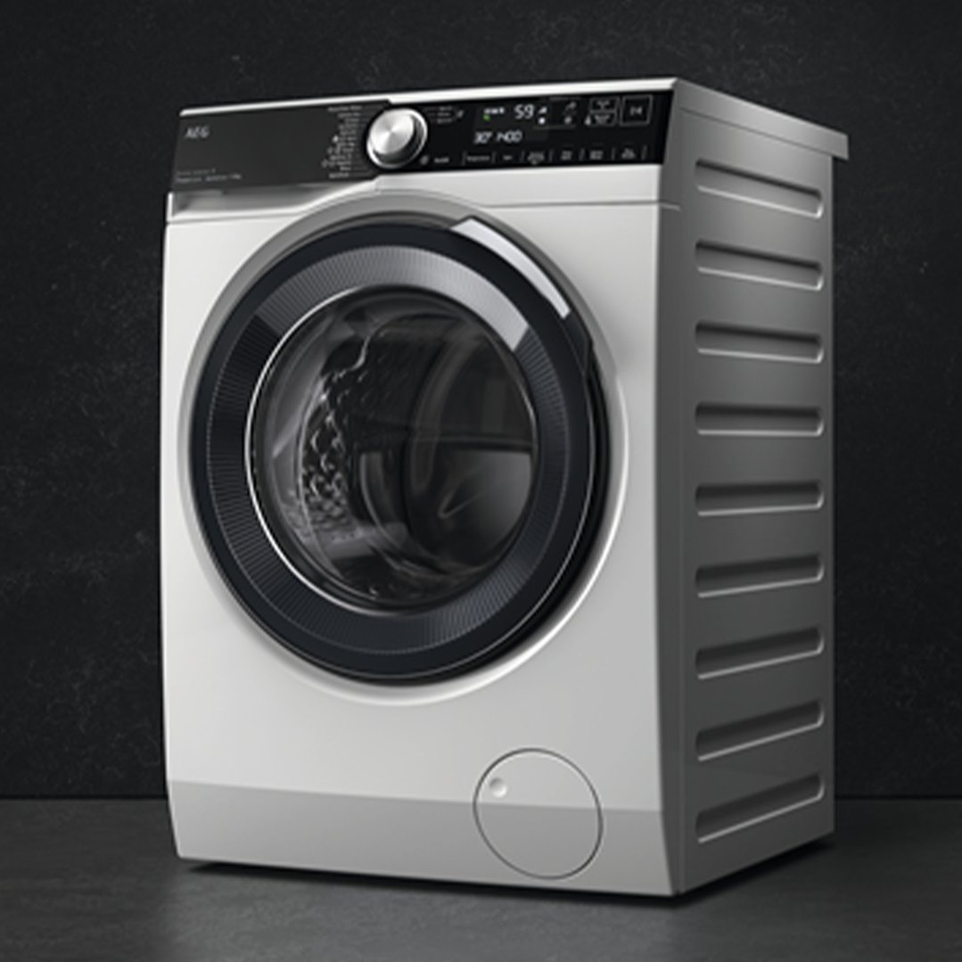 AEG front load washing machine on a dark background